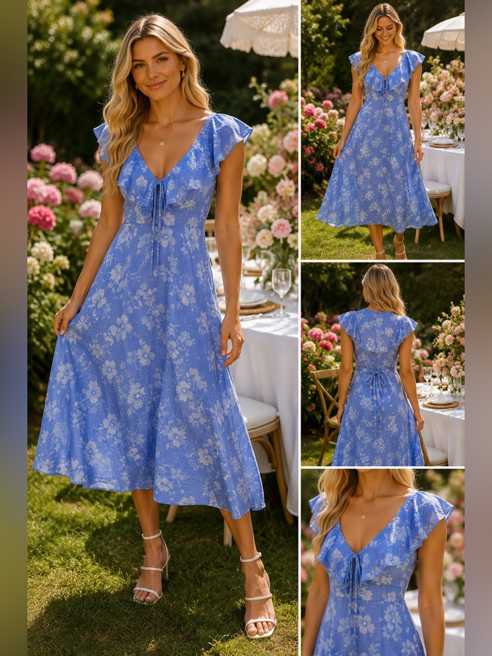 Old Navy Blue Floral Ruffle Midi Dress XS Cottagecore Boho Flutter Sleeve Garden